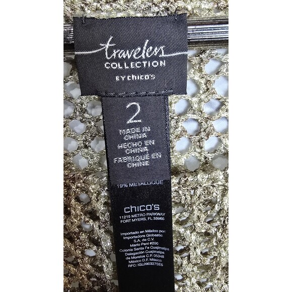 Travelers By Chico's Sz 2 Crocheted Open Knit Gold Metallic Sweater Short Sleeve - Picture 2 of 4